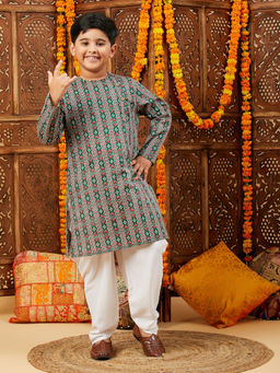 Stylo Bug - Boys Green Abstract Print Ethnic Kurta with Dhoti (Set of 2)