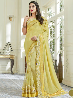 Odette - Yellow Net Lycra Designer Saree with Unstitched Blouse