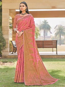 Odette - Womens Pink Cotton Woven Design Saree with Unstitched Blouse