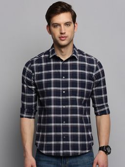 SHOWOFFFF - Mens Spread Collar Checked Navy Blue Classic Shirt