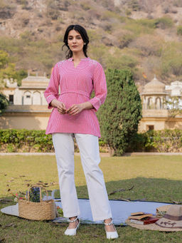 Yufta - Pink Weaved Cotton Checks Printed Top with Embroidery