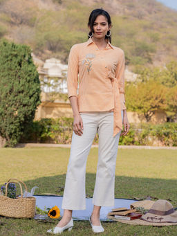 Yufta - Weaved Cotton Checks Printed Top with Embroidery