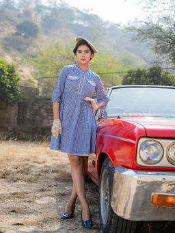 Yufta - Blue Cotton Check Mini Dress