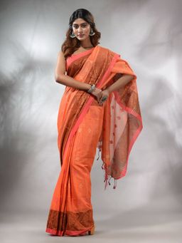 CHARUKRITI - Orange Tissue Handwoven Soft Saree with Texture Designs & Unstitched Blouse
