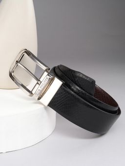 Louis Philippe - Men 100% Italian Leather Shiny Nickel Buckle Formal Reversible Belt