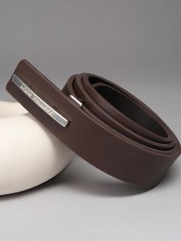 Louis Philippe - Men Dark Brown Solid Formal Italian Leather with Shiny Nickel Buckle Slim Belt