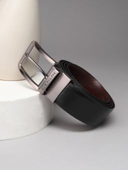 Louis Philippe - Men 100% Italian Leather Shiny Nickel Buckle Formal Reversible Belt