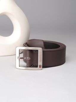 Louis Philippe - Men Brown Solid Casual Premium Leather with Brush Nickel Buckle Belt