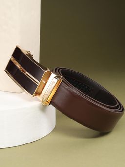 Louis Philippe - Men Black Textured Formal Italian Leather with Brush Gun Buckle Belt