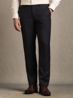 Louis Philippe - Men Navy Blue Slim Fit Check Flat Front Formal Trousers