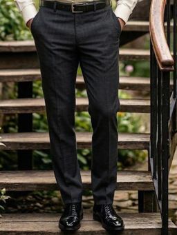 Louis Philippe - Men Grey Textured Flat Front Formal Trousers