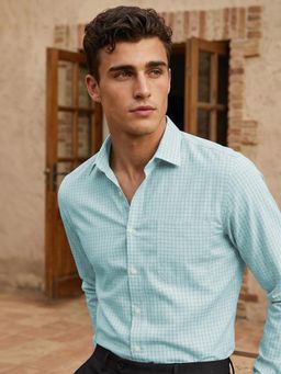 Louis Philippe - Mens Light Blue Checks Easy to Iron Cotton Slim fit Formal Shirt