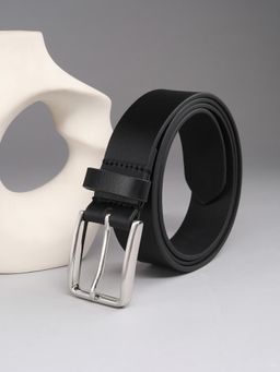 Louis Philippe - Men Black Solid Formal Italian Leather with Shiny Nickel Buckle Belt