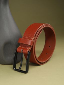 Louis Philippe - Men Tan Solid Casual Italian Leather with Matt Black Buckle Belt