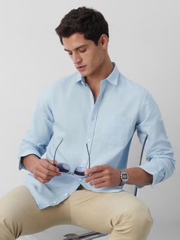 Peter England - Men Light Blue Textured Full Sleeves Casual Shirt