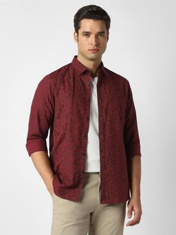 Peter England - Men Maroon Slim Fit Print Full Sleeves Casual Shirt