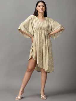 SHOWOFFFF - Womens V-Neck Knee Length Beige Abstract Dress