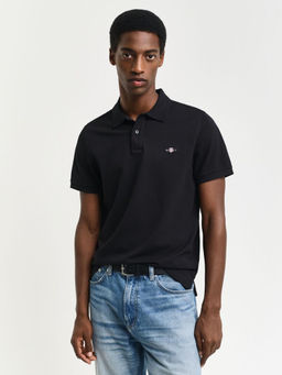 GANT - Men Black Solid Collared Short Sleeves Polo T-Shirt