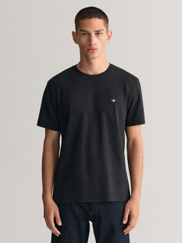 GANT - Men Black Solid Round Neck Short Sleeves T-Shirt