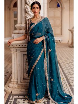 Paulmi & Harsh - Gypsy Teal Embroidered Saree with Blouse (Set of 3)