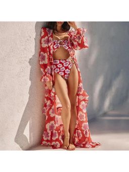 Loveable Creations By Muskan - Flora Bikni Red Top with Bottom and Maxi Robe