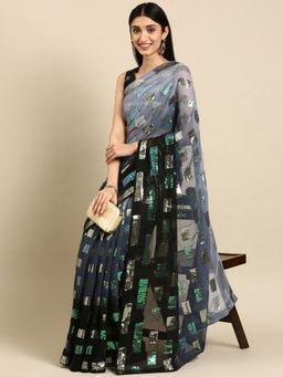 VAIRAGEE - Navy Blue Sequins Work Georgette Saree with Unstitched Blouse