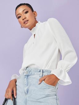 Styli - White Frill Cuff Sleeves High Neck Keyhole Detail Blouse