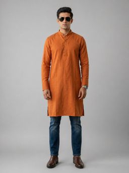 EKATVA ETHNIC - Mens Mustard Art Silk Plain Long Kurta