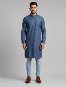 EKATVA ETHNIC - Mens Navy Blue Art Silk Plain Long Kurta