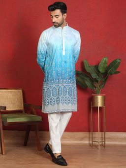 KRAFT INDIA LUXE - Cotton Silk Floral Embroidered Blue Kurta with Trouser