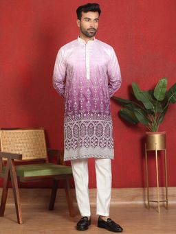 KRAFT INDIA LUXE - Cotton Silk Floral Embroidered Purple Kurta with Trouser