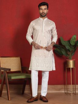 KRAFT INDIA LUXE - Cotton Silk Floral Embroidered Beige Kurta with Trouser