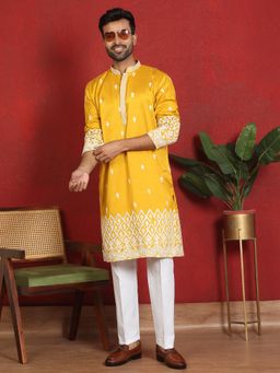 KRAFT INDIA LUXE - Cotton Silk Floral Embroidered Yellow Kurta with Trouser