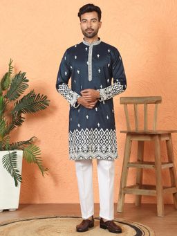 KRAFT INDIA LUXE - Cotton Silk Floral Embroidered Navy Blue Kurta with Trouser