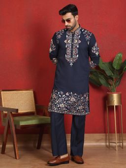 KRAFT INDIA LUXE - Cotton Silk Embroidered Daman Work Blue Kurta with Bell Bottom Trouser