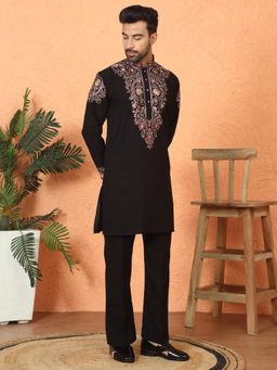 KRAFT INDIA LUXE - Japanese Fabric Embroidered Paisley Black Kurta with Trouser