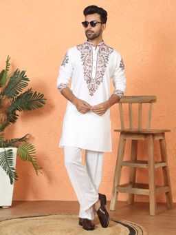 KRAFT INDIA LUXE - Japanese Fabric Embroidered Paisley Cream Kurta with Trouser