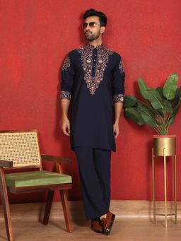 KRAFT INDIA LUXE - Japanese Fabric Embroidered Paisley Navy Blue Kurta with Trouser