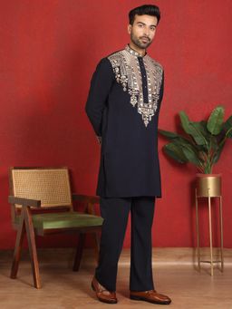 KRAFT INDIA LUXE - Japanese Fabric Yoke Design Embroidered Navy Blue Kurta with Trouser