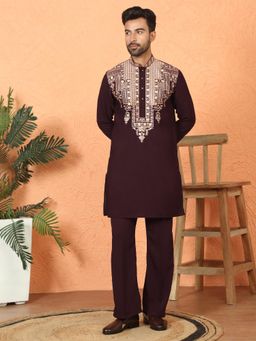 KRAFT INDIA LUXE - Japanese Fabric Yoke Design Embroidered Maroon Kurta with Trouser