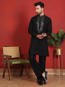 KRAFT INDIA LUXE - Japanese Fabric Yoke Design Black Kurta with Bell Bottom Pant