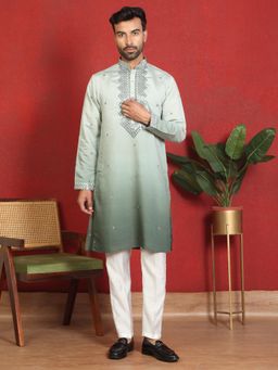KRAFT INDIA LUXE - Cotton Silk Ombre Mirror Work Green Kurta with Trouser