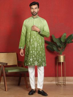 KRAFT INDIA LUXE - Cotton Silk Embroidered Thread Work Green Kurta with Trouser