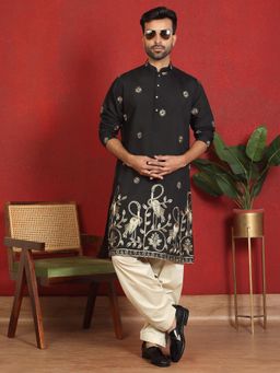 KRAFT INDIA LUXE - Cotton Silk Daman Work Embroidered Black Kurta with Salwar