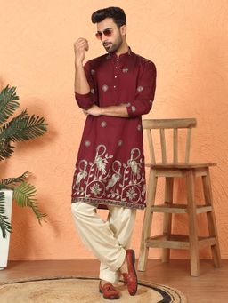 KRAFT INDIA LUXE - Cotton Silk Daman Work Embroidered Maroon Kurta with Salwar