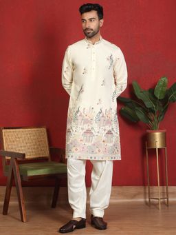 KRAFT INDIA LUXE - Cotton Silk Embroidered Daman Work Cream Kurta with Salwar
