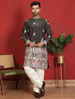 KRAFT INDIA LUXE - Cotton Silk Embroidered Daman Work Green Kurta with Salwar