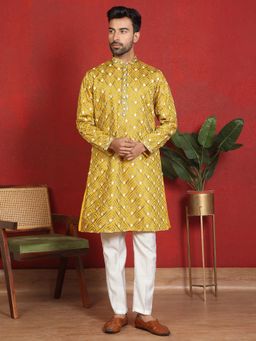 KRAFT INDIA LUXE - Cotton Silk Embroidered Thread Work Mustard Kurta with Trouser