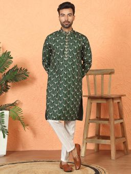 KRAFT INDIA LUXE - Cotton Silk Embroidered Thread Work Olive Green Kurta with Trouser