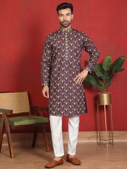 KRAFT INDIA LUXE - Cotton Silk Embroidered Thread Work Wine Kurta with Trouser